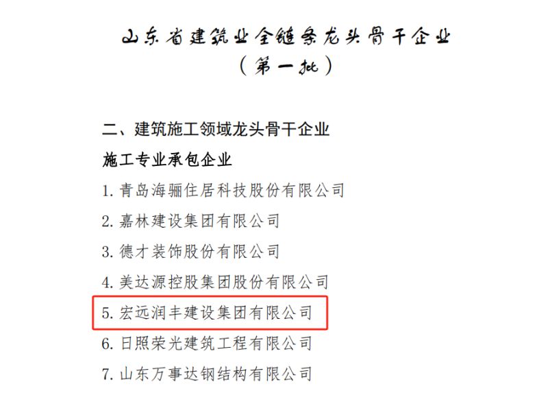 喜報(bào)！宏遠(yuǎn)潤(rùn)豐建設(shè)集團(tuán)有限公司榮獲山東省建筑業(yè)全鏈條龍頭骨干企業(yè)（外出施工領(lǐng)域類）